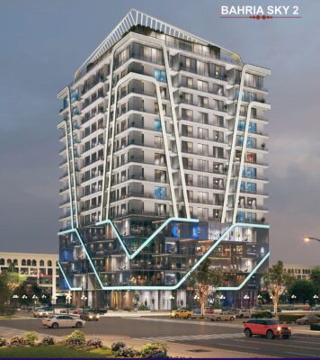 Top features of Bahria Sky 2 in Bahria Orchard Phase 4, a modern high-rise with glass façade, rooftop design, and commercial floors.