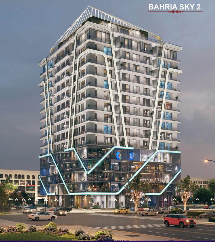 Top features of Bahria Sky 2 in Bahria Orchard Phase 4, a modern high-rise with glass façade, rooftop design, and commercial floors.