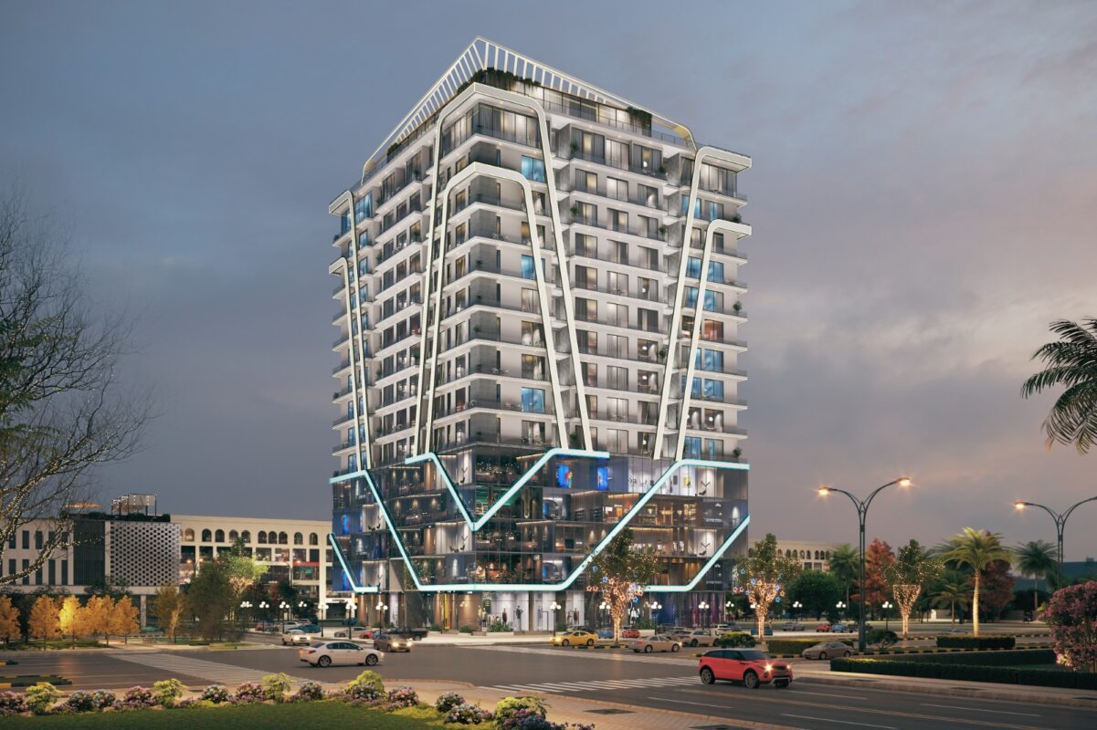 odern architectural view of Bahria Sky 2 high-rise building in Bahria Orchard 4 Lahore featuring luxury apartments, retail shops, and commercial spaces.
