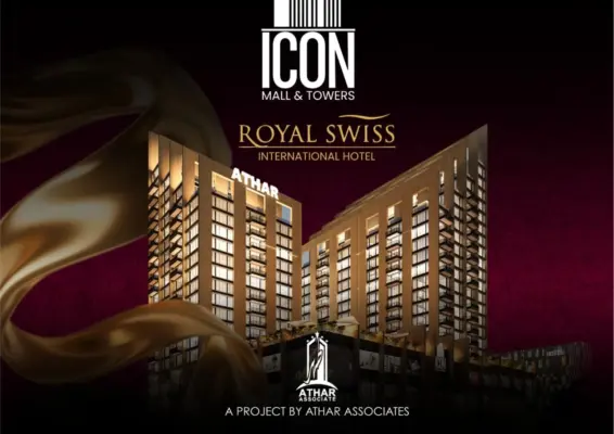 Exterior view of Royal Swiss International Hotel at Icon Mall & Towers Lahore by Athar Associates, symbolizing luxury investment.