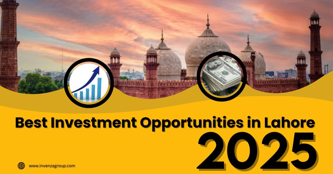 Best investment opportunities in Lahore 2025 with rising graph, dollar bills and Badshahi Mosque background.