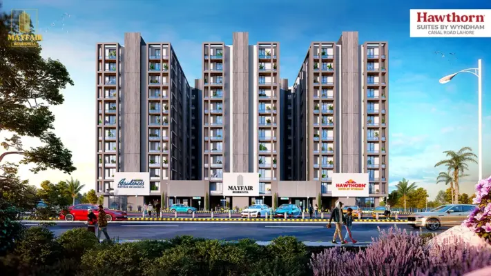 Hawthorn Suites Lahore modern serviced apartments exterior highlighting rental income investment opportunity