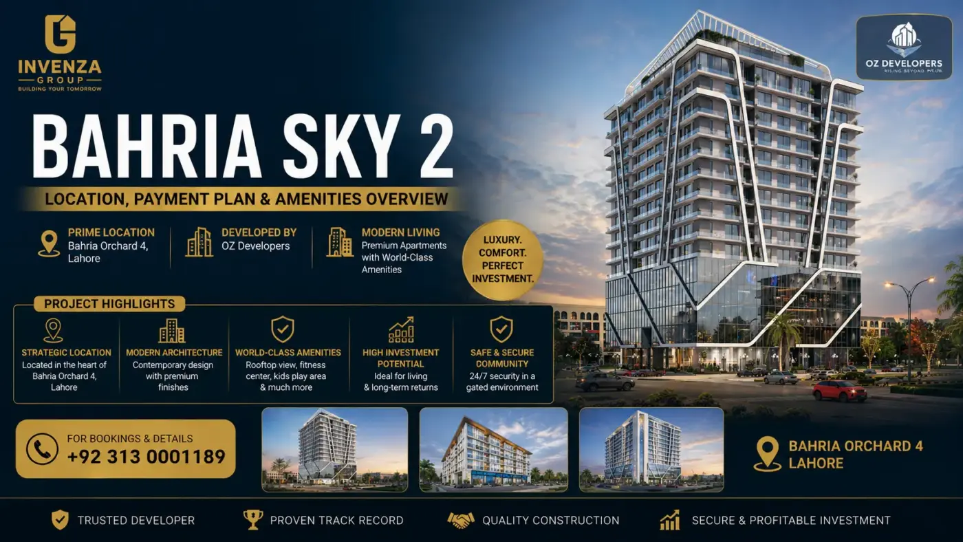 Front view of Bahria Sky 2 high-rise building in Bahria Orchard Phase 4, featuring modern architecture with luxury apartments, commercial outlets, and illuminated exterior design at night.