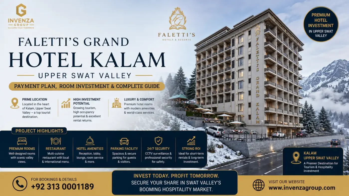 Faletti’s Grand Hotel Kalam in Upper Swat Valley featuring luxury rooms, payment plan and hotel investment opportunity