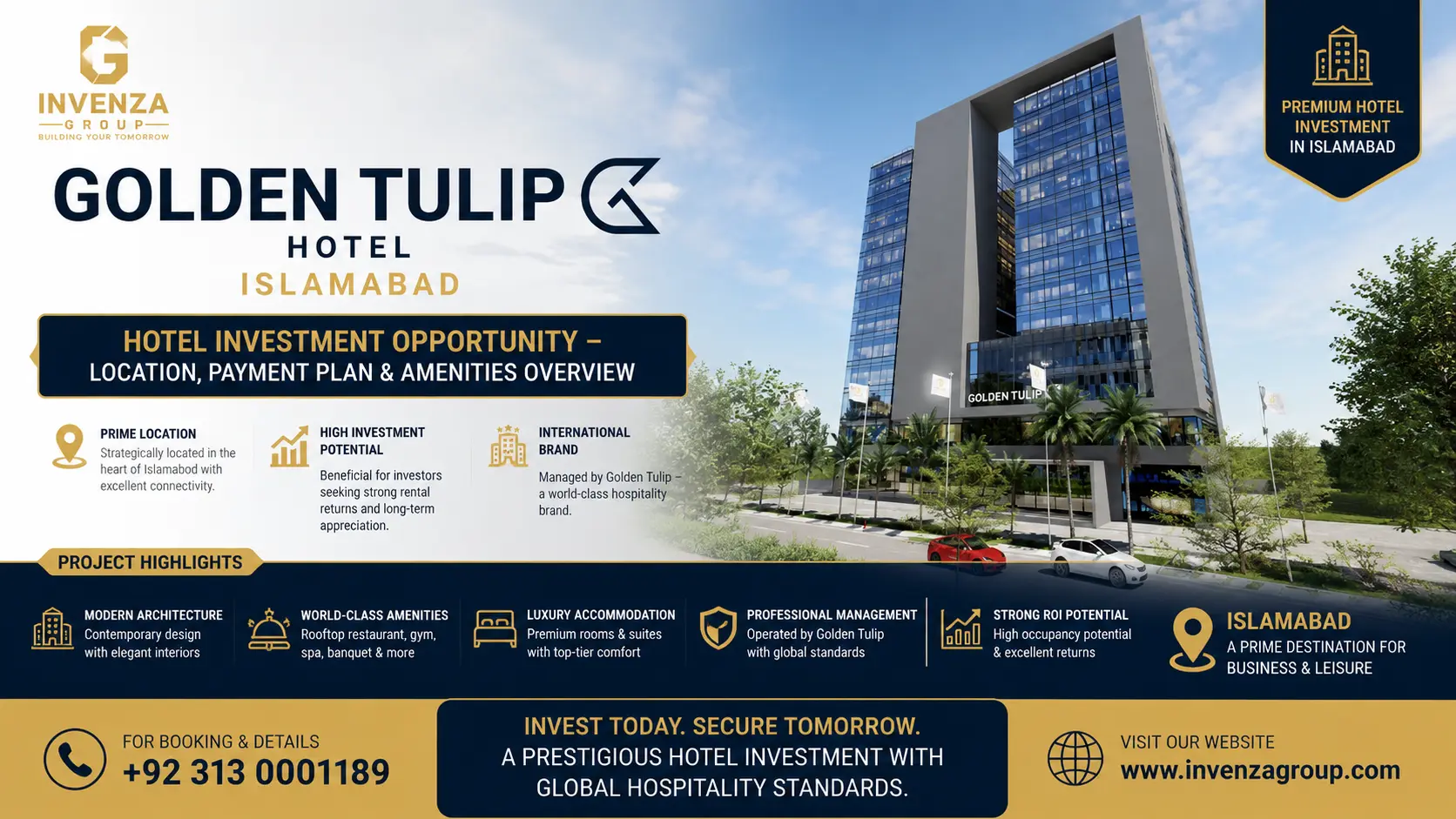 Golden Tulip Islamabad hotel investment opportunity featuring luxury hotel tower, payment plan and premium amenities