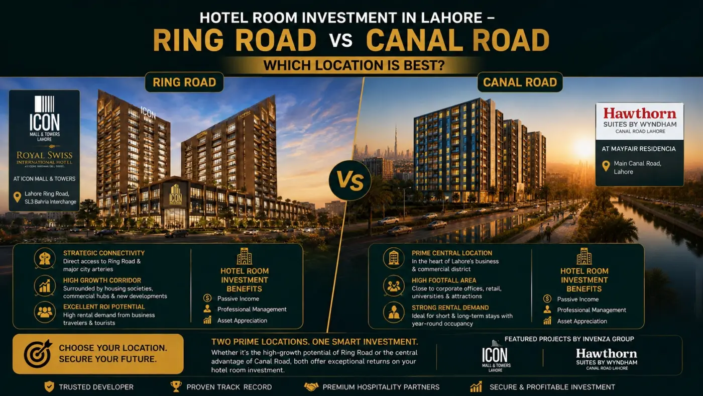 Hotel room investment in Lahore comparing Ring Road and Canal Road projects with Royal Swiss and Hawthorn Suites