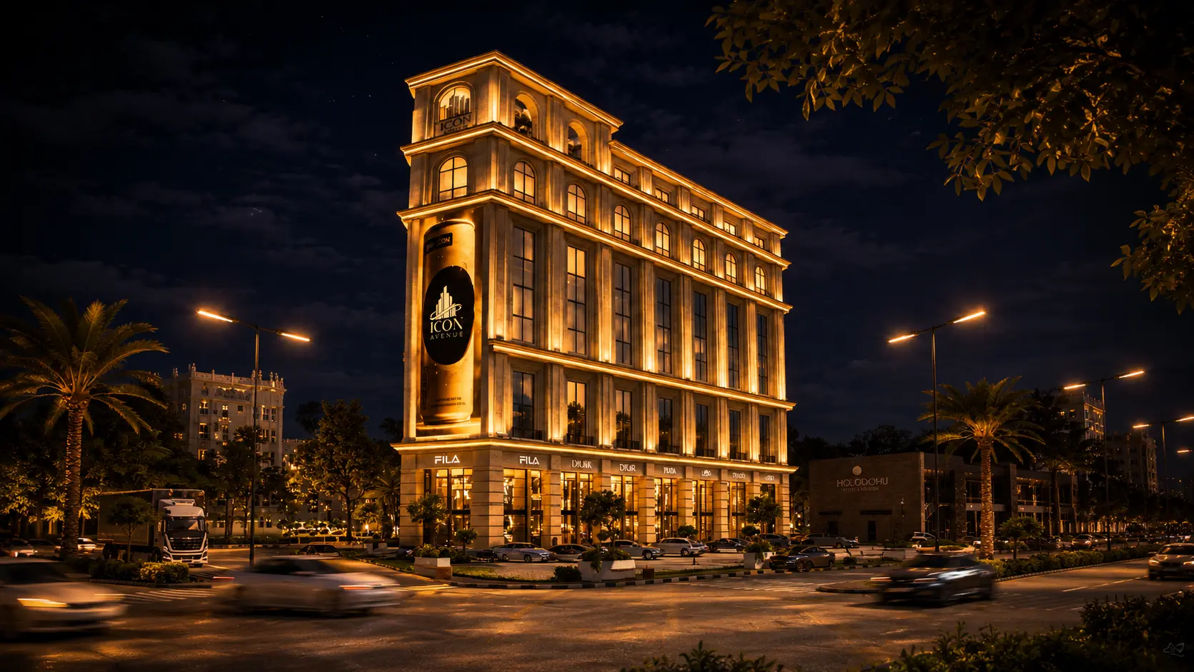 Icon Avenue Lahore night side view architectural render
