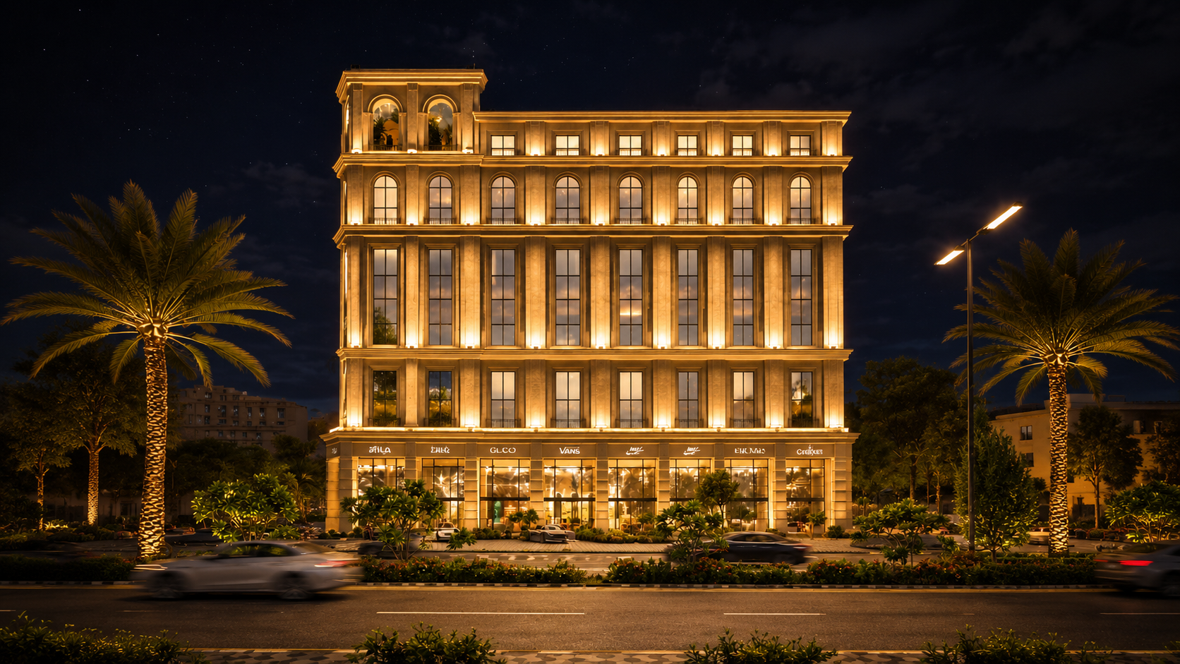 Icon Avenue Lahore illuminated at night showing the building's modern facade and architectural lighting