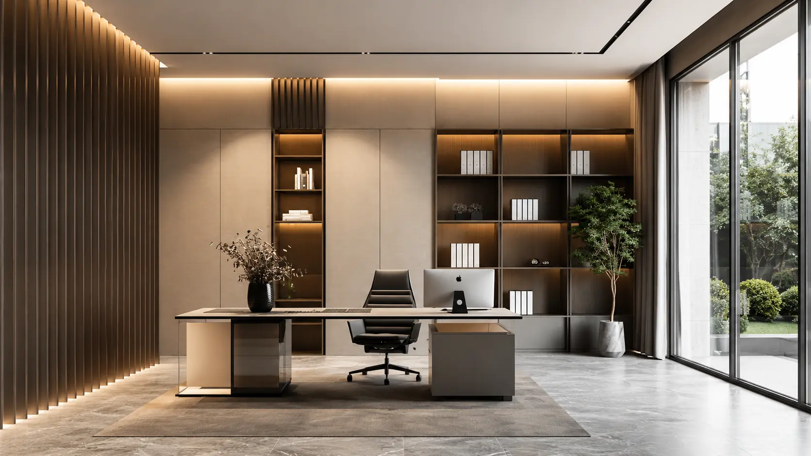 Modern minimalist corporate office interior at Icon Avenue Lahore with floor-to-ceiling windows