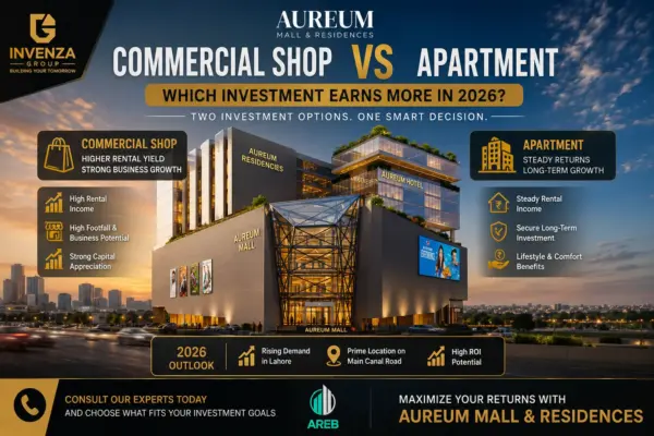 Aureum Mall Lahore commercial shop and apartment investment comparison featuring the mall building, rental income, growth potential and 2026 ROI analysis.