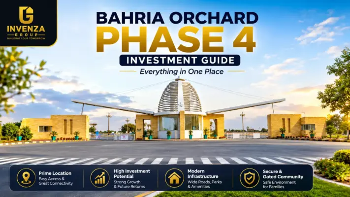 **Alt Text (120 characters):** Bahria Orchard Phase 4 Investment Guide featuring the main entrance, Invenza logo and prime investment insights.