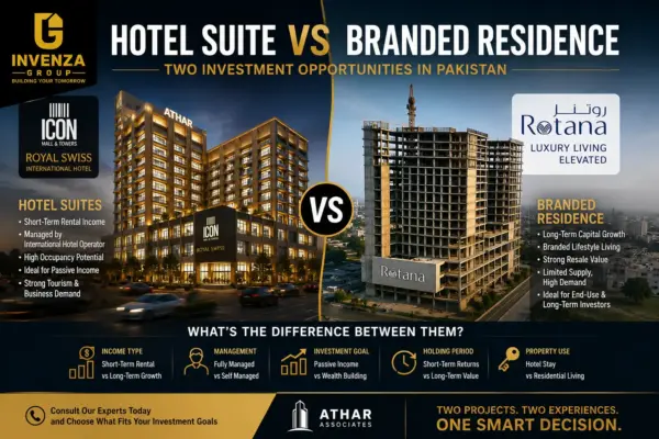 Hotel suite vs branded residence in Pakistan: Icon Mall & Towers and Rotana compared for investment potential and ROI.