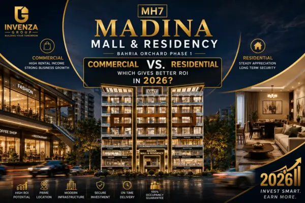 Madina Mall & Residency MH7 investment comparison image highlighting commercial shops, apartments and ROI in 2026.