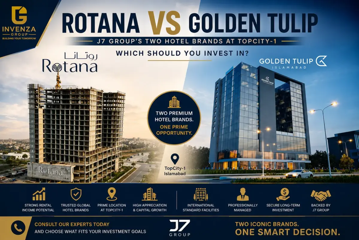 Rotana vs Golden Tulip Islamabad investment comparison at TopCity-1, featuring hotel buildings and investment potential.