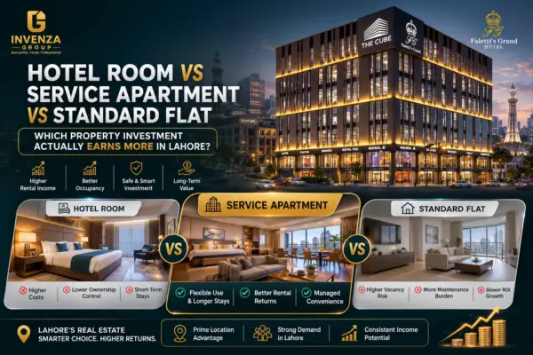 Hotel room vs service apartment vs standard flat comparison highlighting investment, rental returns and ownership in Lahore.