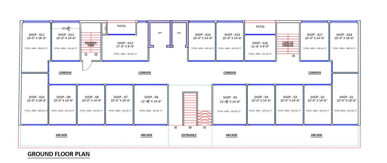 Central Mall Lahore Ground Floor Plan — Shop Layout G1 to G18