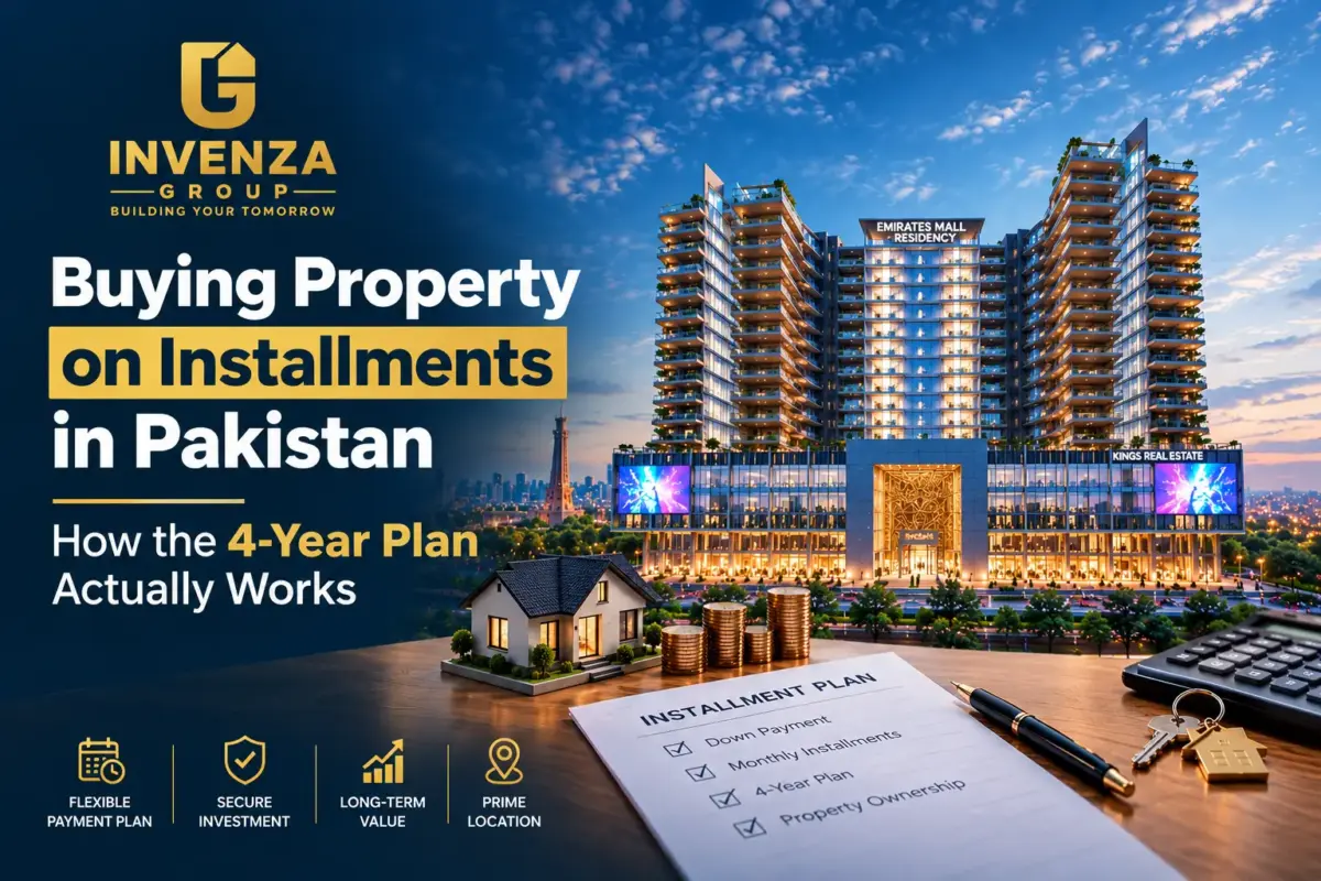**Alt text (120 characters):** Buying property on installments in Pakistan with a 4-year plan, featuring Invenza Group and Emirates Mall & Residency.