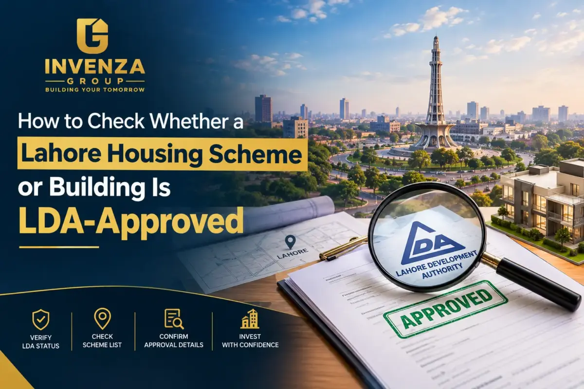 LDA-approved Lahore housing scheme verification with approval documents, city map, property plans, and Invenza Group branding.