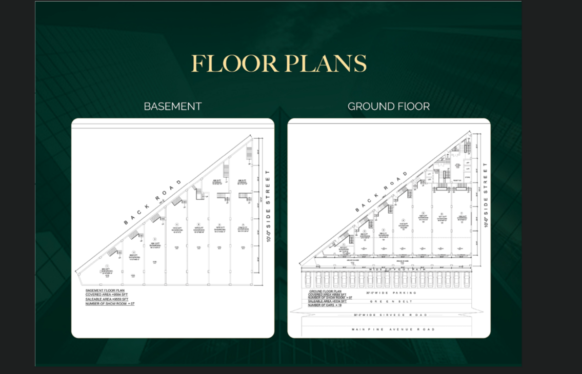 Icon Avenue Lahore basement and ground floor plan showing 7 showrooms and 19 parking spaces